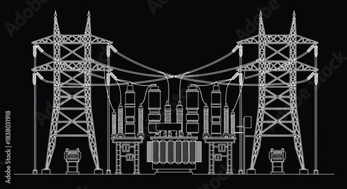 High voltage electric substation blueprint with transformers and transmission towers, industrial power distribution network, energy infrastructure design, engineering illustration, technology concept