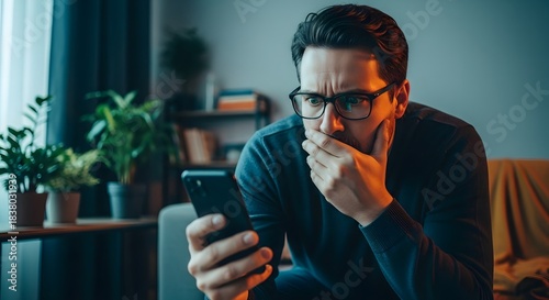 Shocked reaction to mobile content. Digital anxiety and bad news. Man staring at smartphone screen with worried expression.