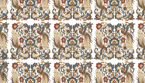 Vintage Indonesian Batik Lasem Illustration with Twin Phoenix Birds, Floral Motifs, and Heritage Ribbon Banner. Vector Art.