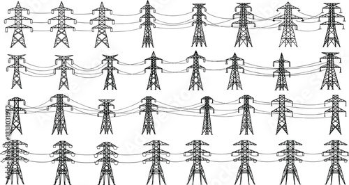 High voltage electric transmission tower vector set, power line, electricity pylon, energy grid, industrial infrastructure, and communication network outline collection.