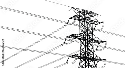 High voltage electricity transmission tower silhouette, industrial power line infrastructure sketch, black and white energy grid vector illustration, white background, perspective view