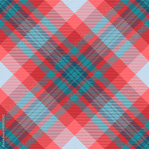 Softness pattern texture vector, carpet check tartan background. Periodic plaid fabric seamless textile in red and cyan colors.
