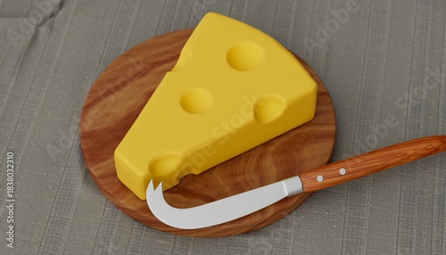 Cheese and knife on table 3D computer generated image