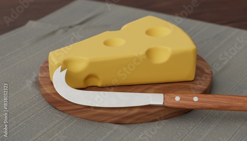 Emmental cheese and knife on table 3D computer generated image