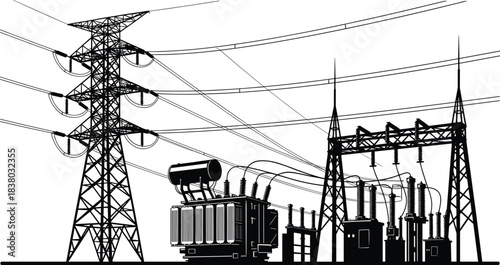 High voltage power transmission tower, electrical substation transformer silhouette, industrial energy grid infrastructure, vector illustration of electricity supply network, engineering sketch