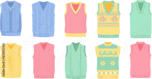 Colorful Knitted Sweater Vests in Bright Pastel Shades Displayed in Row