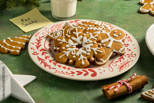 Holiday background. Christmas gingerbread cookies for Santa in a plate with glass of milk, festive food, home baking. Flat lay