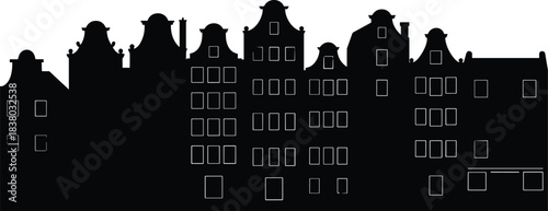 Historic European city skyline silhouette, Dutch architecture, ornate rooftops, vintage buildings, urban heritage, travel destination, cultural landmark, black vector art
