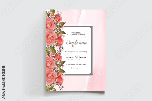 WEDDING INVITATION FRAME WITH FLOWER DECORATIONS AND FRESH LEAVES