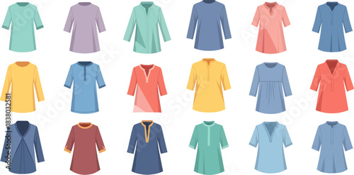 Colorful Collection of Casual Women's Shirts on White Background