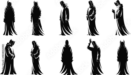 Hooded figure silhouette, robed character design, fantasy monk illustration, mysterious cloaked person, ritual pose, dark robe concept art