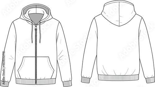 Hoodie front and back view, fashion sketch, zipper sweatshirt, garment template, apparel design, clothing mockup, technical drawing, casual wear