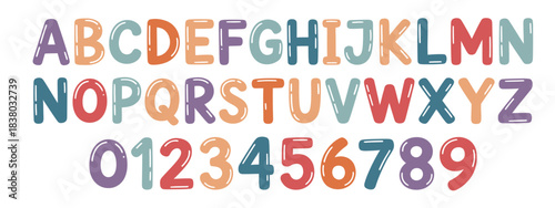 Colorful wax crayon letters and numbers alphabet,  drawn with playful scribbles, featuring a kids font style with chalk and pencil texture for creative school or nursery designs.