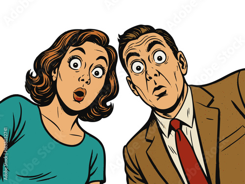 surprised man and woman staring downward with exaggerated wide-eyed expressions. Generative ai vector colorful pop art illustration.