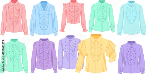 Colorful Ruffled Blouses in Pastel and Bright Hues Displayed in a Fashion Flat Lay