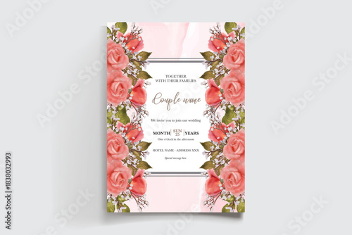 WEDDING INVITATION FRAME WITH FLOWER DECORATIONS AND FRESH LEAVES