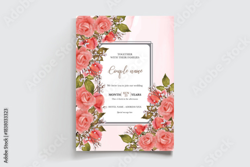 WEDDING INVITATION FRAME WITH FLOWER DECORATIONS AND FRESH LEAVES