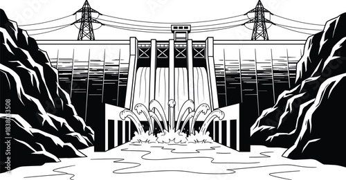 Hydroelectric dam vector, water energy infrastructure, power generation illustration, renewable electricity source, spillway release, rocky cliffs, transmission towers, black silhouette