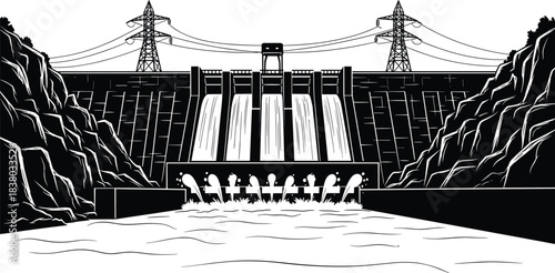 Hydroelectric dam vector, water spillway illustration, renewable energy infrastructure, electricity generation, rocky cliffs, control tower, transmission towers, black silhouette