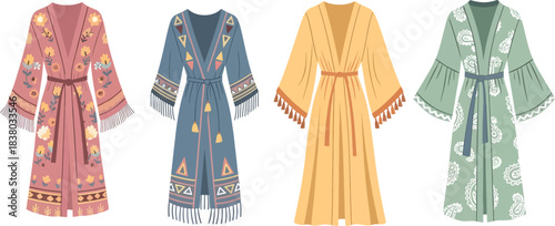 Four Colorful Embroidered Robes with Floral and Geometric Patterns Displayed Flat