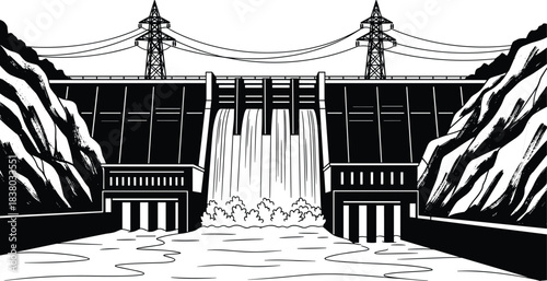 Hydroelectric dam vector, water spillway illustration, renewable energy infrastructure, electricity generation, rocky cliffs, intake gates, transmission towers, black silhouette