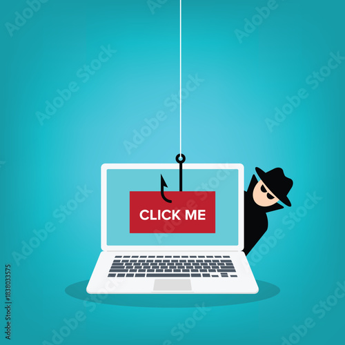 	
Click me bait used by hacker trying to steal confidential data, personal information and credit card detail a laptop computer. Vector illustration	
