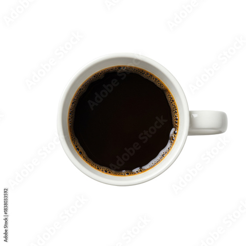 transparent ceramic mug with rich black coffee, reddish-brown crema, on transparent studio background with copy space, concept for premium beverage advertising