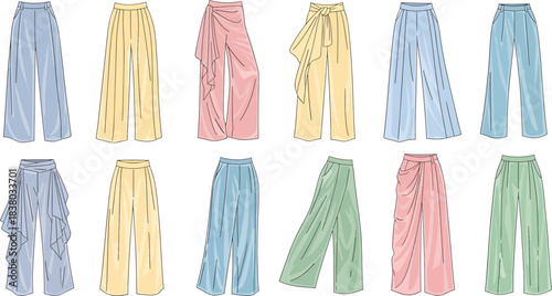 Colorful Wide-Leg Pants in Pastel Shades Displayed in Fashion Illustration