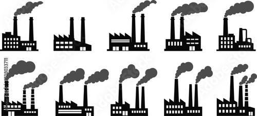 Industrial factory silhouette collection, manufacturing plant icons with smoke stacks, pollution concept, vector illustration of industry buildings and power plants