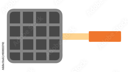 Flat Design Graphic Of A Square Waffle Iron With A Light Brown Handle And An Orange Grip On A Black Background Simple Kitchen Tool For Making Waffles And Breakfast