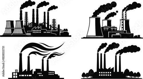 Industrial factory, power plant, pollution smoke, energy production, carbon emission, climate change, environment impact, industry silhouette, air pollution, manufacturing plant