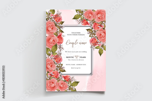 WEDDING INVITATION FRAME WITH FLOWER DECORATIONS AND FRESH LEAVES