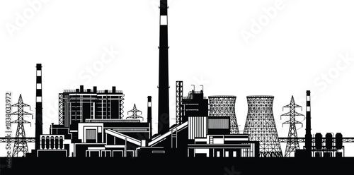 Industrial power plant silhouette, smokestack vector, cooling tower illustration, energy infrastructure, electricity generation, black graphic, transmission towers, editable design