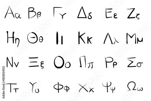 Hand-Drawn Greek Alphabet Vector Set Featuring Complete Uppercase and Lowercase Letters in a Clean Minimal Sketch Style for Educational and Graphic Design Use