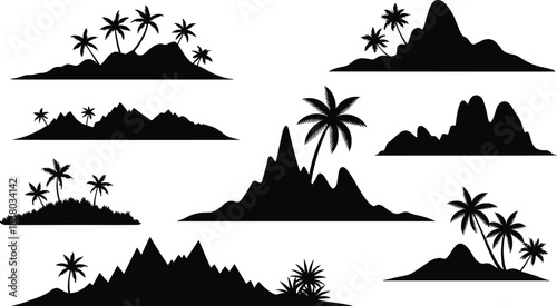 Island silhouette vector set, tropical palm tree artwork, exotic beach illustration, mountain island design, paradise nature scenery, summer vacation landscape collection