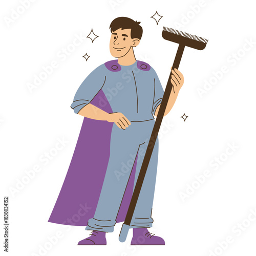 Cleaning service worker standing in cloak as superhero vector isolated. Illustration of a male janitor, brave person. Man holding floor mop, standing in heroic pose.