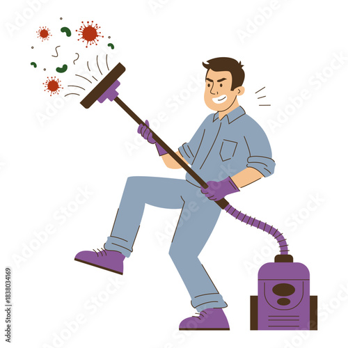 Cleaning service worker fighting with dirt vector isolated. Illustration of a male janitor with vacuum cleaner in epic pose.