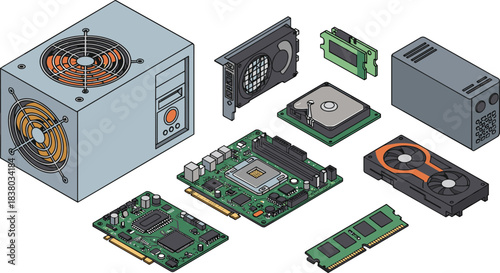 Isometric computer hardware illustration, desktop components, motherboard, CPU, GPU, SSD, HDD, RAM, PSU, cooling fan, tech parts, digital art