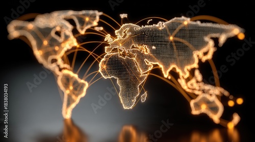 Fototapeta Naklejka Na Ścianę i Meble -  Glowing Orange Digital World Map with Network Connection Lines, Abstract Concept of Global Communication, Internet Technology, and International Business