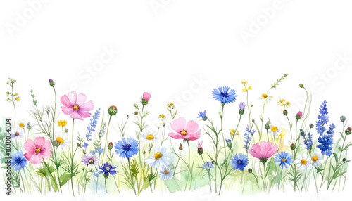 Colorful watercolor meadow with various wildflowers and green leaves