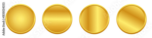 Set of four glossy, blank gold metallic coins, medals with various reflective highlights