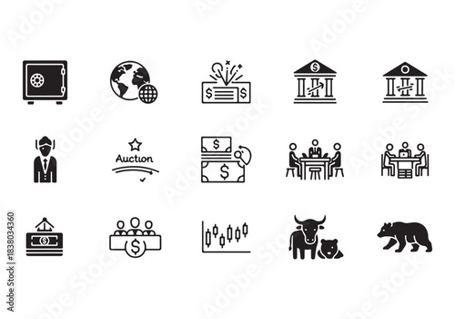 Bank and finance icon set. Business and corporation vector signs. Contain symbol of safe, global market, auction, crowd funding, start up, meeting, stock, bull and bear.