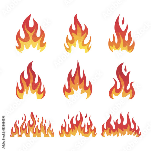 Fire flames flat collection with various burning shapes,