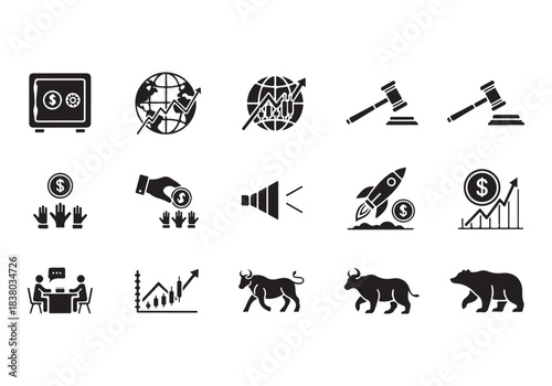 Bank and finance icon set. Business and corporation vector signs. Contain symbol of safe, global market, auction, crowd funding, start up, meeting, stock, bull and bear.
