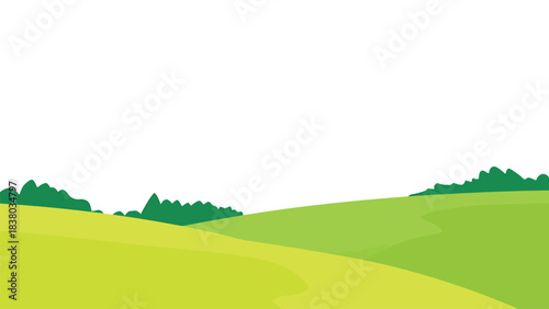 Serene landscape illustration with rolling green hills and lush trees under a white sky