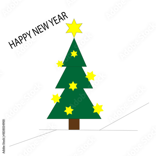 Christmas tree Vector. Yellow star decoration. Happy New Year text. White background illustration.