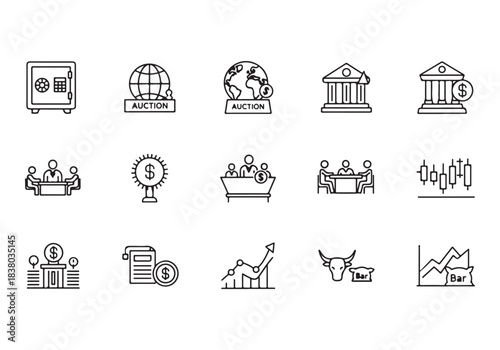 Bank and finance icon set. Business and corporation vector signs. Contain symbol of safe, global market, auction, crowd funding, start up, meeting, stock, bull and bear.