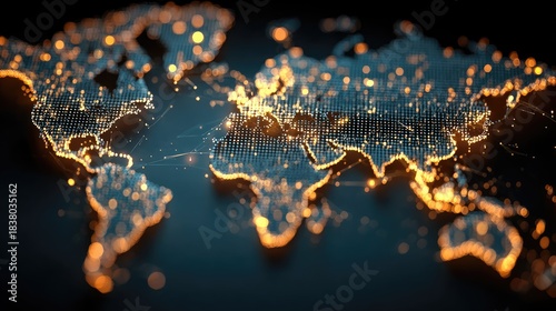 Fototapeta Naklejka Na Ścianę i Meble -  Glowing Orange Digital World Map with Network Connection Lines, Abstract Concept of Global Communication, Internet Technology, and International Business