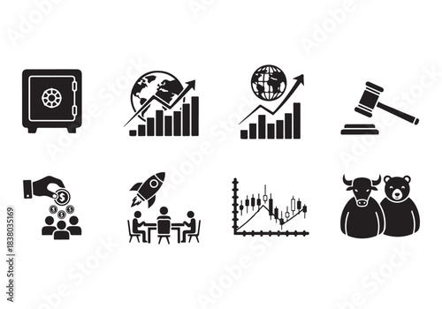 Bank and finance icon set. Business and corporation vector signs. Contain symbol of safe, global market, auction, crowd funding, start up, meeting, stock, bull and bear.