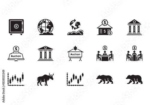 Bank and finance icon set. Business and corporation vector signs. Contain symbol of safe, global market, auction, crowd funding, start up, meeting, stock, bull and bear.